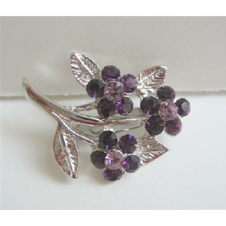 B094 Amethyst Crtstal Flower Silver Tone Fashion Flower Brooch w/ Silver plated Stem & Leaf