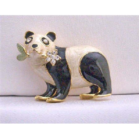 B228 Panda Black & White Brooch Gold Plated Panda Brooch w/ Flower
