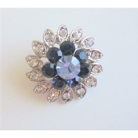 B083 Sapphire Flower Rhinestones Sparkling Simulated Diamond Brooch Silver Casting Pin Brooch