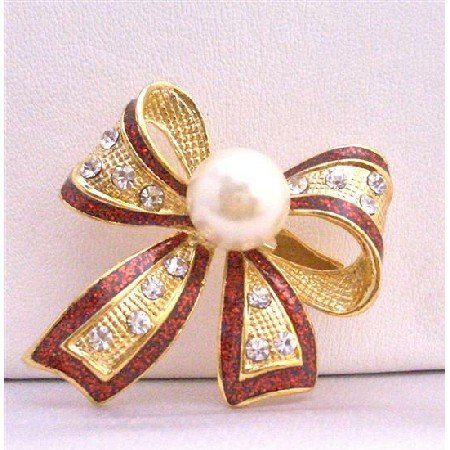B193 Red OUtline Bow Cubic Zircon Brooch w/ White Cultured Pearls Pin Brooch