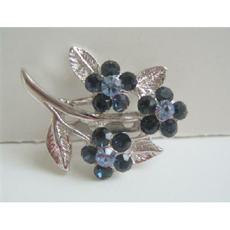 B005 Sapphire Crystals Flower Brooch w/ Cubic Zricon On Stem & Leaf