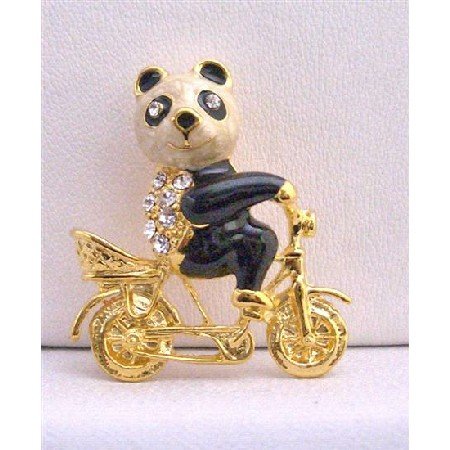 B229 Gold Plated Panda On Bike Brooch Gorgeous New Brooch