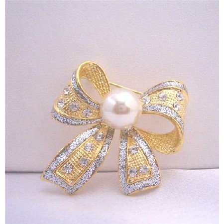 B044 Bow Cubic Zircon Leaf Brooch w/ White Cultured Pearls Pin Brooch