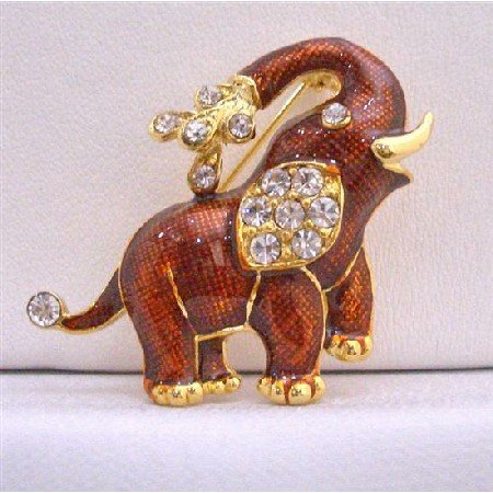 B218 Gold Plate Red Elephant Brooch Decorated w/ Cubic Zircon