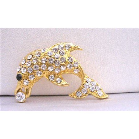 B196 Dolphin Gold Brooch Artistically Decorated w/ Cubic Zircon