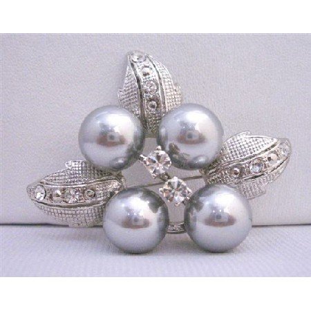 B190 Grey Flower Pearls Brooch w/ Silver Casting Leaves Decoraed Cubic Zircon Gorgeous Brooch