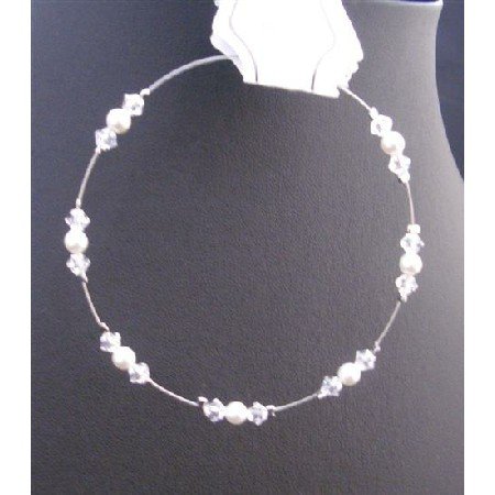 TB692 White Pearls Clear Crystals Wire Bracelet Genuine Swarovski Clear Crystals & White Pearls