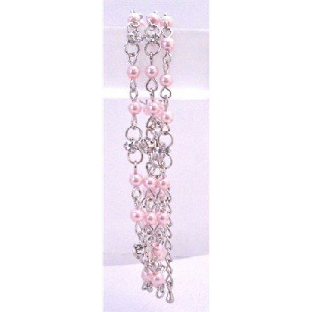 TB698 Rose Pink Pearls Three Stranded Bracelet w/ Simulated Diamond BRacelet Bridemaids Bracelet