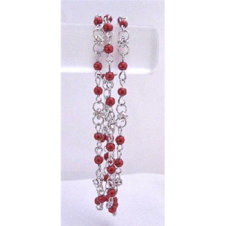 TB699 Red Pearls Bracelet Three Stranded Bracelet w/ Sparkling Simulated Diamond Wedding Bracelet