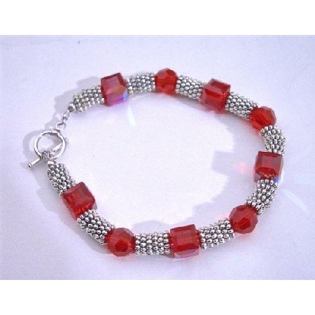 TB653 Siam Red Crystals Cube & Round 8mm Swarovski Crystals Bali Silver Spacer Bracelets