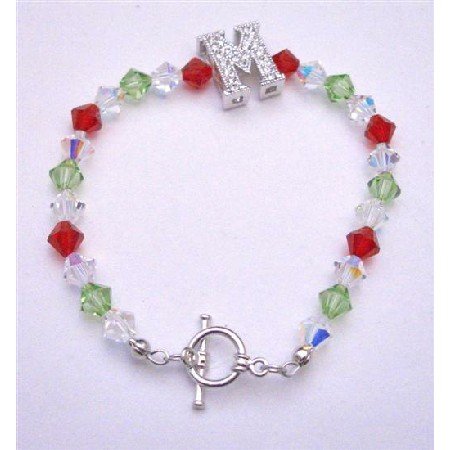 TB652 M Charm Bracelet Genuine Swoarovski Siam Red Peridot & AB Crystals Bracelet
