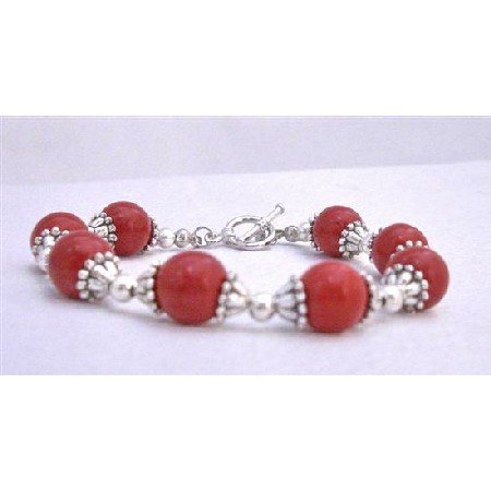 TB616 Coral Faceted Bracelet w/ Bali Silver Trendy Bracelet
