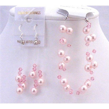 TB695 Swarovski Rose Pearls Pale Pink Crystals 3 Stranded Bracelet w/ Dangling Earrings