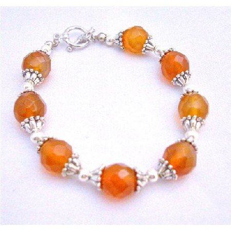 TB615 Multifaceted Carnelian 9mm Beads Bracelet w/ Bali Silver Trendy Bracelet