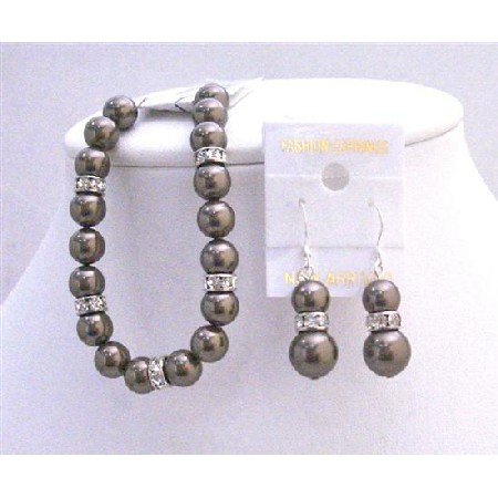 TB690 Darkest Brown Chocolate Pearls Bracelet & Earrings Set Exclusive Wedding Brown Bracelet