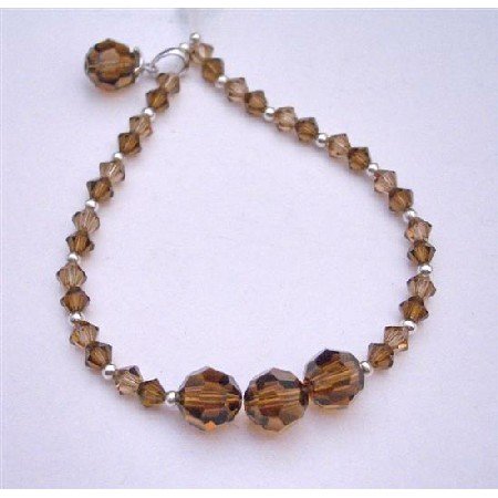 TB613 Smoked Topaz Swarovski Crystals Bracelet w/ Dangling Round Bicone Crystals Bracelet