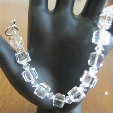 TB609 Clear Crystals Cube Bracelet 8mm Cube w/ Bicone 4mm Clear Swarovski Crystals Bracelet