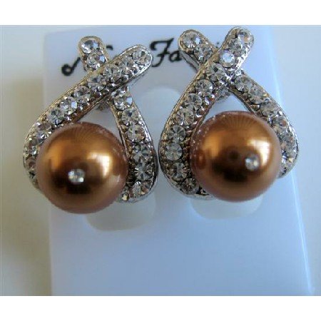 ERC473 Copper Pearls Stud Earrings w/ Cubic Zircon Decorated Swarovski Copper Pearls Earrings