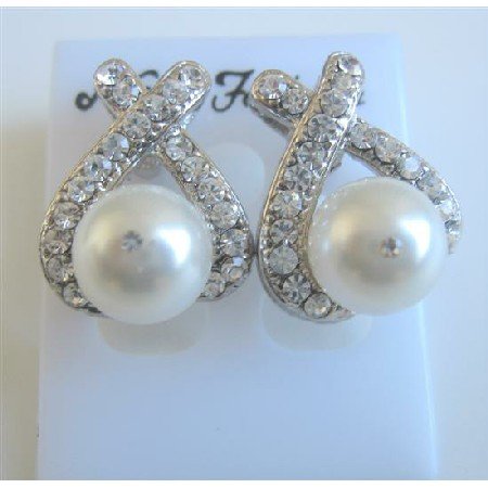 ERC461 Swarovski White Pearls Stud Earrings w/ Cubic Zircon Pierced Earrings