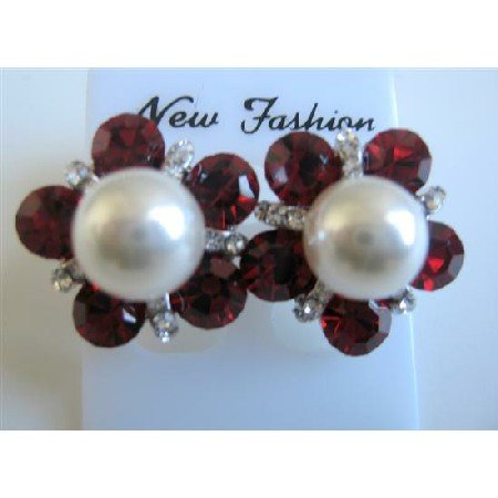 ERC475 Siam Red Crystals White Pearls Pearls Earrings Stud Earrings Dressed w/ Cubic Zircon