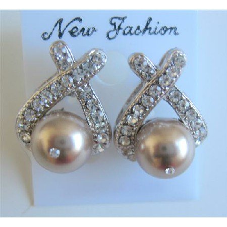 ERC459 Stud Bronze Pearls Earrings w/ Cubic Zircon Pierced Earrings