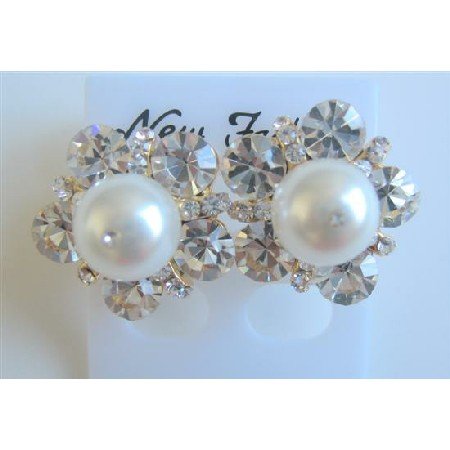 ERC456 Swarovski White Pearls Stud Earrings Dressed w/ Cubic Zircon Earrings