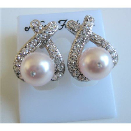 ERC464 Rose Pink Swarovski Stud Pearls Earrings w/ Cubic Zircon Piearced Earrings