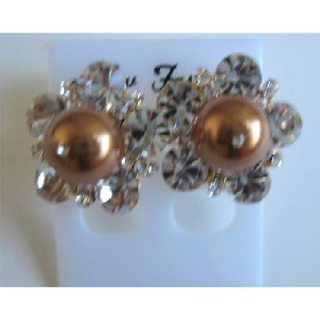 ERC466 Swarovski Copper Pearls Stud Earrings Dressed w/ Cubic Zircon Earrings