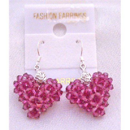 ERC504 Fuschia Swarovski Crystals Puffy Heart Earrings Artist Creation Earrings