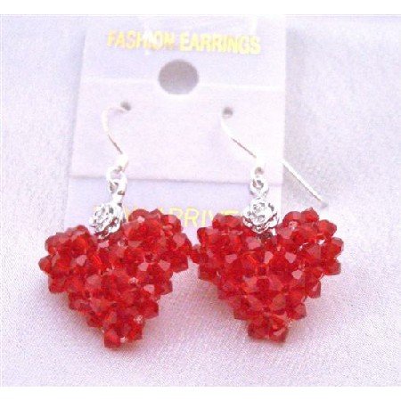 ERC502 Passion Earrings Lite Siam Red Crystals Puffy Heart Earrings w/ Silver 92.5 Earrings