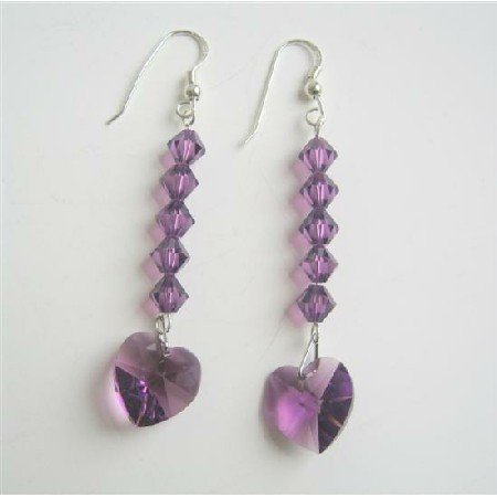 ERC408 Amethyst Crystals Heart Earrings Swarovski Crystals Sterling Silver 92.5 Earrings