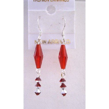 ERC419 Siam Red Crystal Long Bicone(Bicone # 5205)w/ Two Shaded Siam Red Crystals Sterling Silver