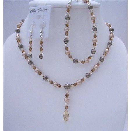 BRD411 Swarovski Birolettes Drop Jewelry Set Genuine Swarovski Brown Pearls Crystals Necklace