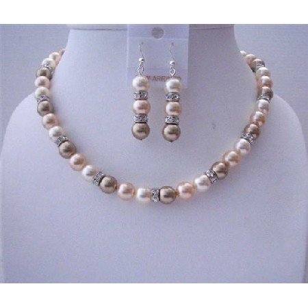 BRD521 Cream Bronze Peach Genuine Swarovski Pearls Handcrafted Jewelry Set w/ Silver Rondells