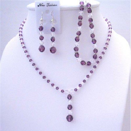 BRD417 Clear Crystals Custom Jewelry Swarovski Amethyst & Clear Crystals Necklace Earrings