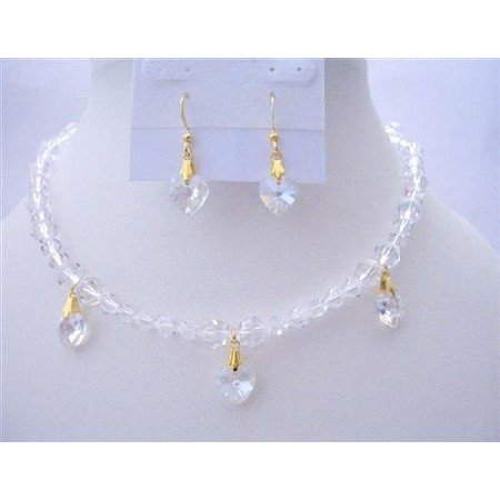 BRD396 Romantic Jewelry Clear Genuine Swarovski Crystals Necklaces Set Moonlite Heart Dangling Set