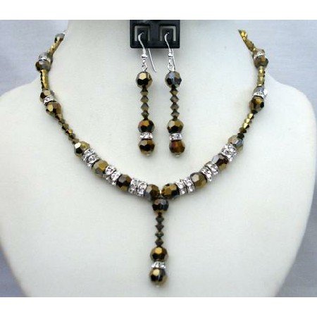 BRD347 Expresso Dorado Crystals Wedding Party Bridal Handcrafted Necklace Set