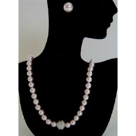 BRD391 Genuine Swarovski Rose Pink Pearls Necklace w/ Cubic Zircon Embedded Pendant & Stud Earrings