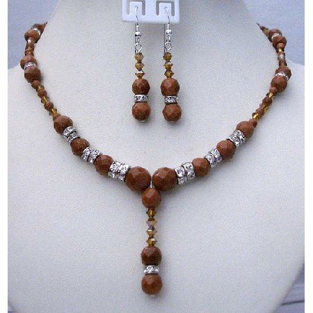 BRD353 Wedding Handmade Jewelry Genuine Swarovsk Satin Topaz & Goldenstone Beads Necklace
