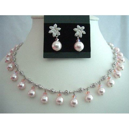 BRD305 Rose Pink Pearls & Crystals Choker Genuine Swarovsk Crystals Wedding Party Bridal Jewelry