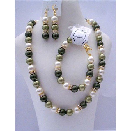 BRD380 Green Pearls Jewelry Handcrafted Genuine Light & Green Pearls w/ Gold Rondells