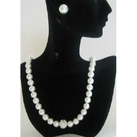 BRD392 Wedding Party Jewelry Genuine Swarovski White Pearls Necklace w/ Cubic Zircon Embedded
