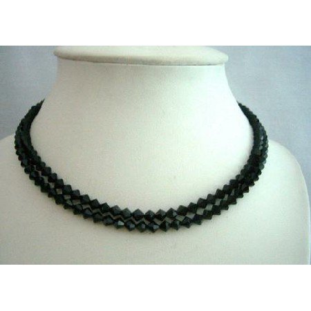 BRD336 Genuine Swarovski Jet Crystals(5mm) 2 Stranded Necklace Handcrafted Necklace