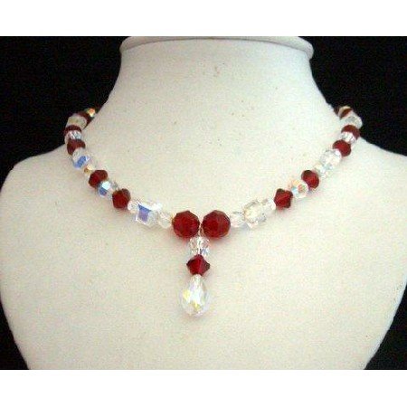 NSC204 Genuine Swarovski AB w/ Siam Red & AB Crystals Drop Pendant Necklace Handcrafted Necklace
