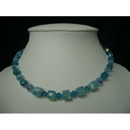 NSC207 Genuine Swarovski Blue Acquamarine Indicolite Crystals Necklace Choker Handcrafted