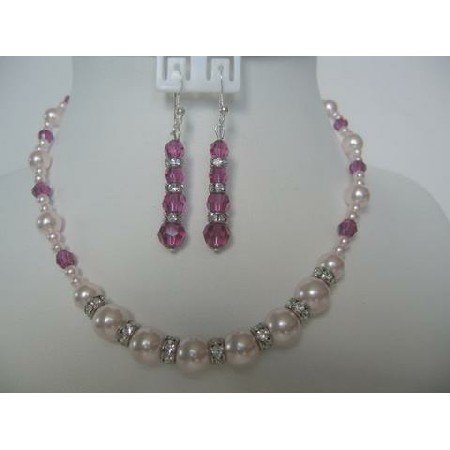 NSC267 Beautiful Necklace Set Genuine Swarovski Rosaline Pearls & Fuschia Crystals w/ Silver