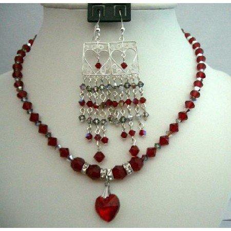 NSC252 Chandelier Earrings & Genuine Siam Red Crystals Necklace Heart Pendant