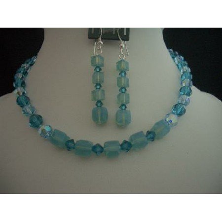 NSC209 Necklace Set Handcrafted Custom Jewelry Genuine Swarovski Blue Acquamarine Indicolite