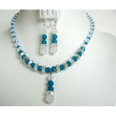 NSC276 Genuine Carribean Blue Crystals & White Opal Crystals Artisan Jewelry Necklace Set