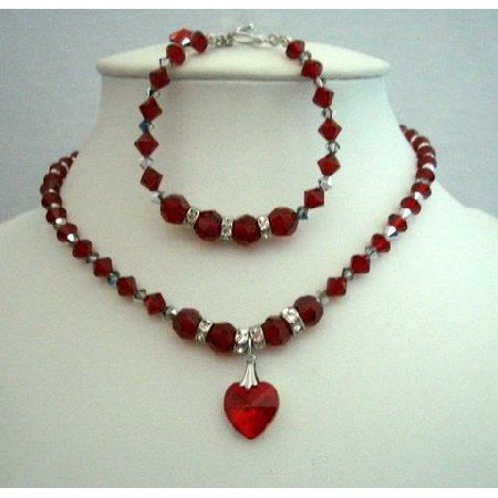 NSC256 Elegant Necklace & Bracelet Genuine Swarovski Siam Red Crystals w/Heart Pendant Necklace